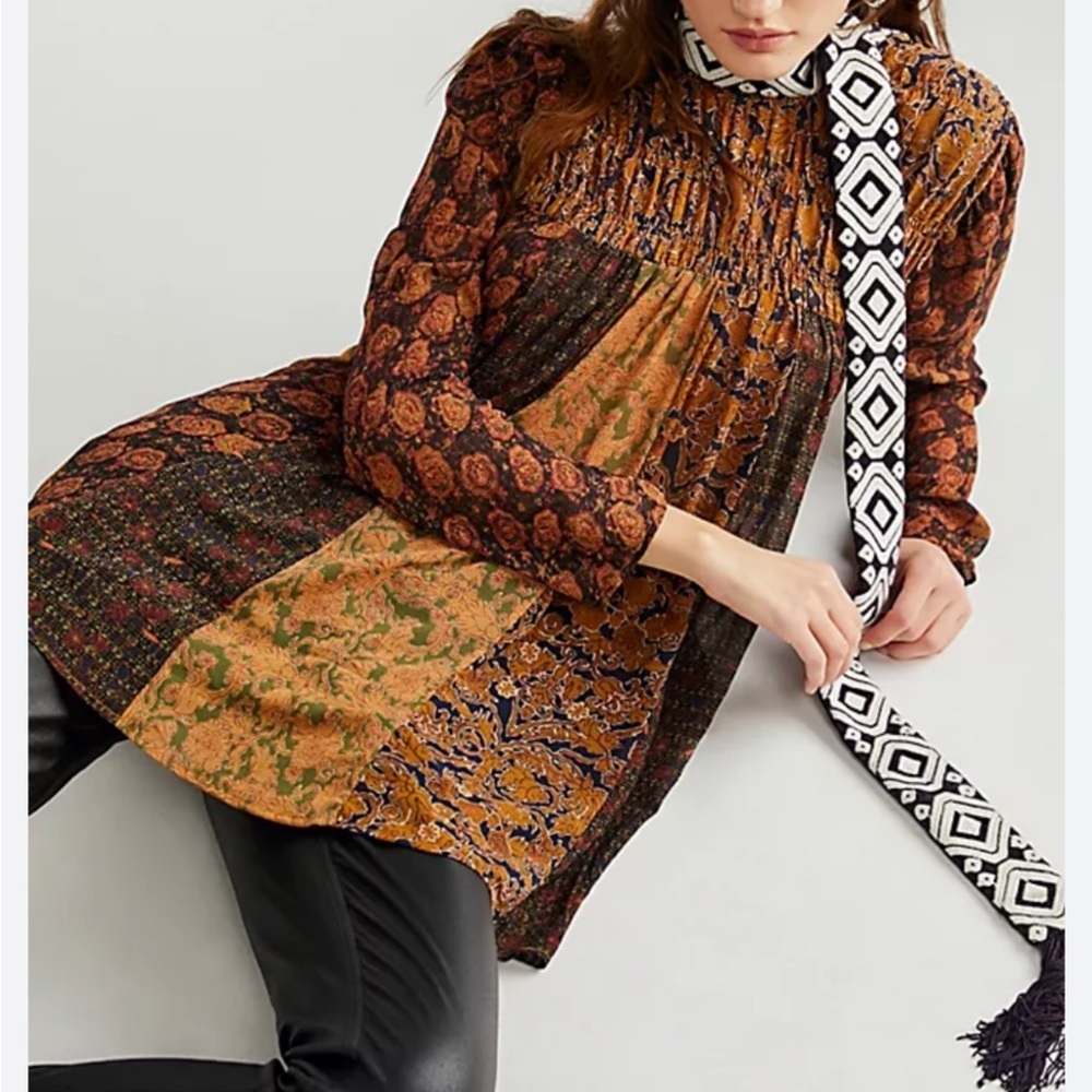 Free People Merrie Mixed Print Tunic Top Long Sleeve Smocked Boho Small